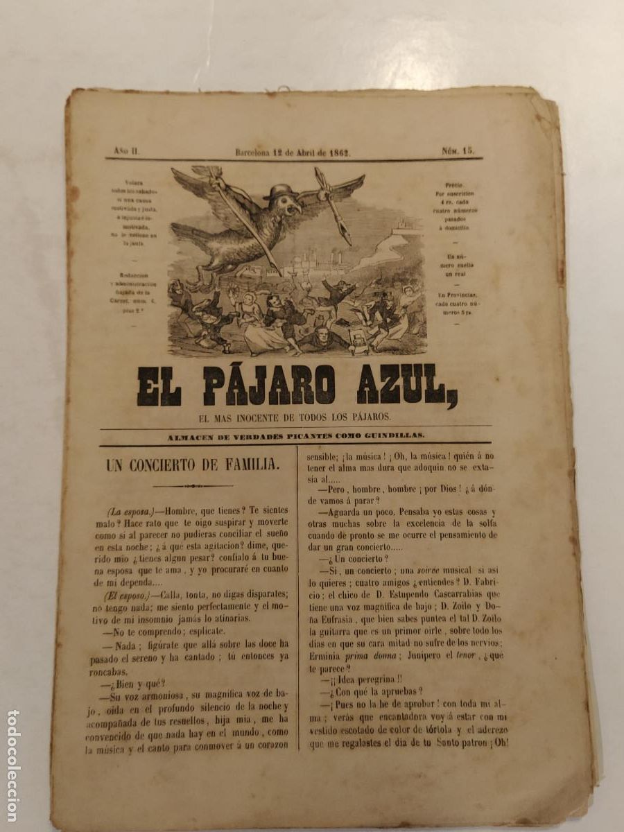 Collection Magazines and Newspapers: EL PAJARO AZUL - A&Ntilde;O 1862 NUMERO 15 - REVISTA ANTIGUA - ORIGINAL (V-28.236)