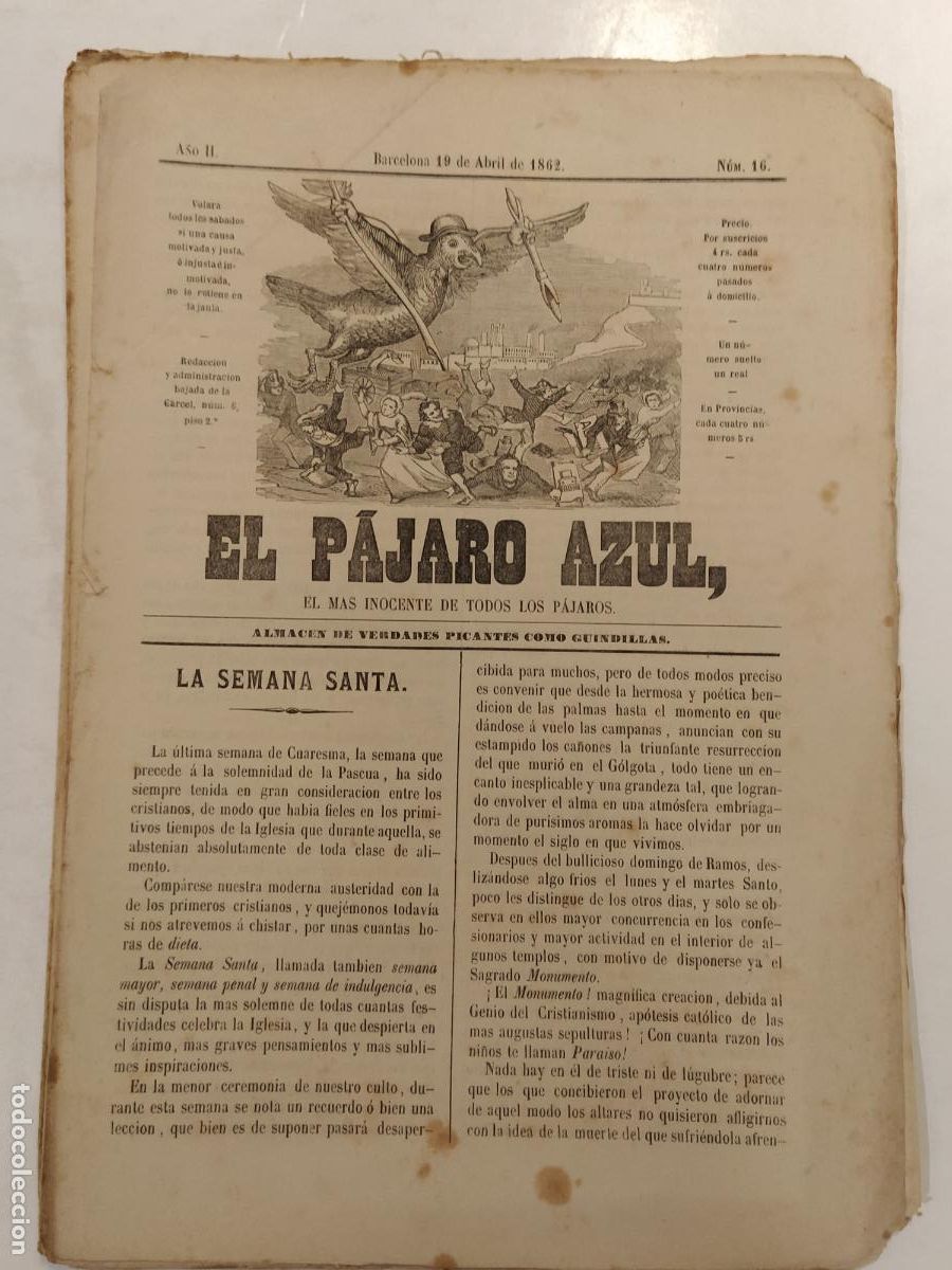 Collection Magazines and Newspapers: EL PAJARO AZUL - A&Ntilde;O 1862 NUMERO 16 - REVISTA ANTIGUA - ORIGINAL (V-28.236)