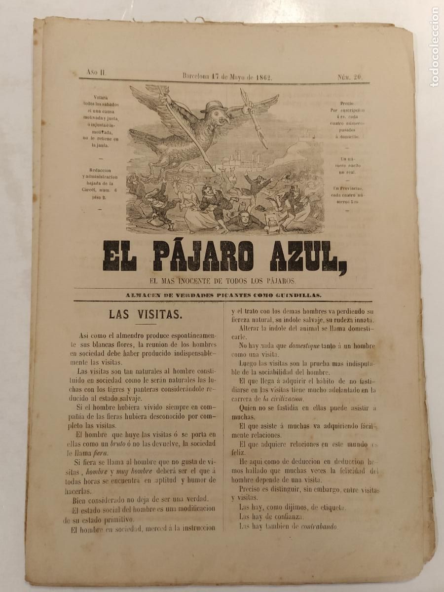 Coleccionismo de Revistas y Peri&oacute;dicos: EL PAJARO AZUL - A&Ntilde;O 1862 NUMERO 20 - REVISTA ANTIGUA - ORIGINAL (V-28.236)