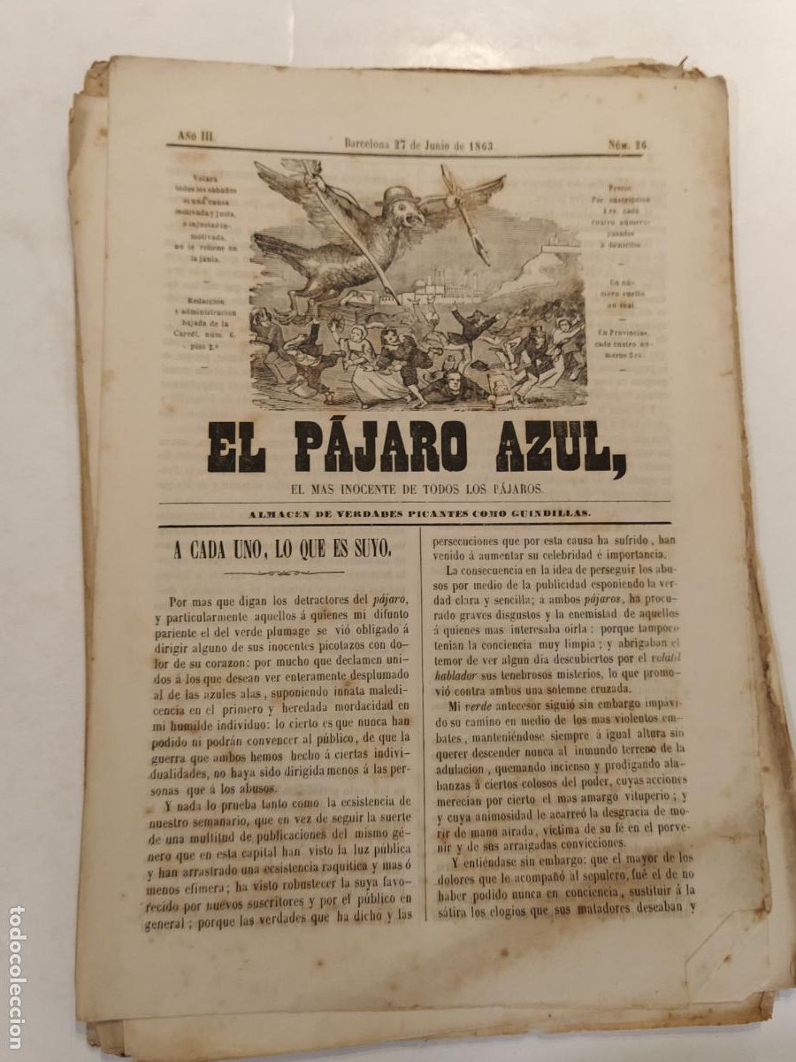Coleccionismo de Revistas y Peri&oacute;dicos: EL PAJARO AZUL - A&Ntilde;O 1863 NUMERO 26 - REVISTA ANTIGUA - ORIGINAL (V-28.236)