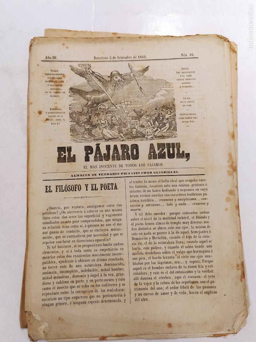 Coleccionismo de Revistas y Peri&oacute;dicos: EL PAJARO AZUL - A&Ntilde;O 1863 NUMERO 36 - REVISTA ANTIGUA - ORIGINAL (V-28.236)