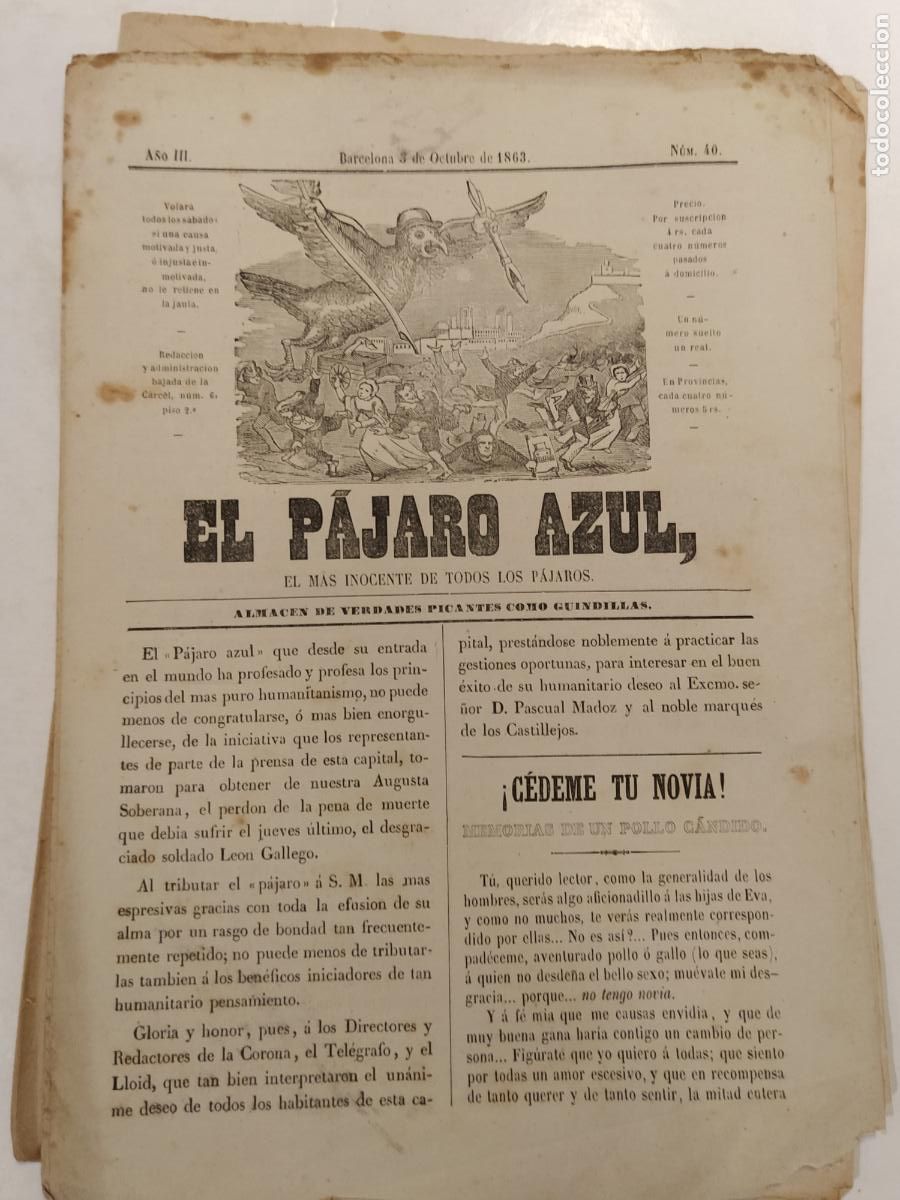 Coleccionismo de Revistas y Peri&oacute;dicos: EL PAJARO AZUL - A&Ntilde;O 1863 NUMERO 40 - REVISTA ANTIGUA - ORIGINAL (V-28.236)