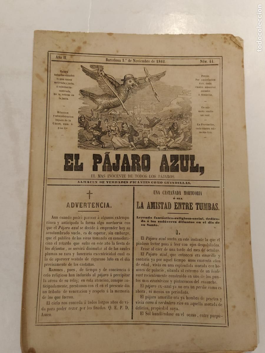 Coleccionismo de Revistas y Peri&oacute;dicos: EL PAJARO AZUL - A&Ntilde;O 1862 NUMERO 44 - REVISTA ANTIGUA - ORIGINAL (V-28.236)
