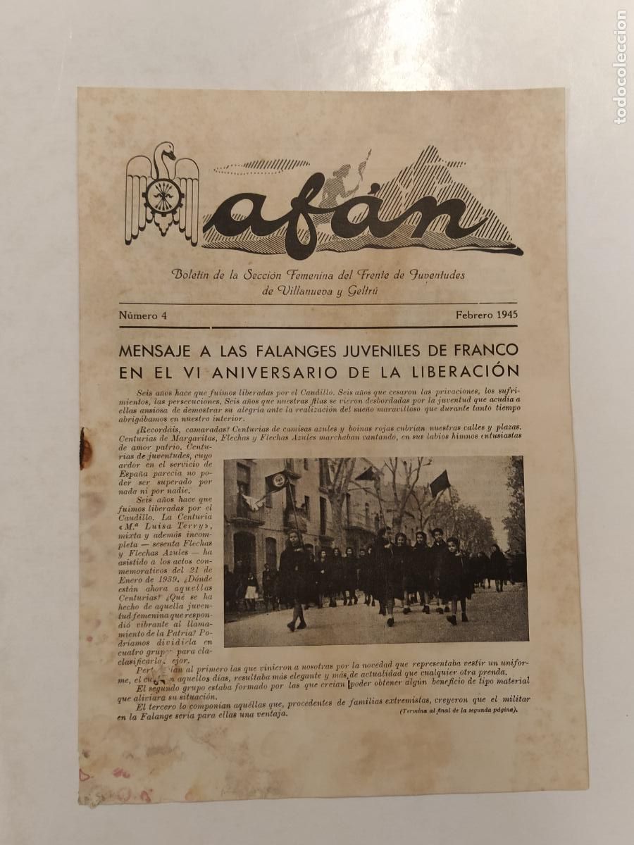Collectionnisme de Revues et Journaux: AF&Aacute;N-NUM 4 A&Ntilde;O 1945-BOLETIN SECCION FEMENINIA DEL FRENTE DE JUVENTUDES-VILANOVA I LA GELTRU -FALANGE
