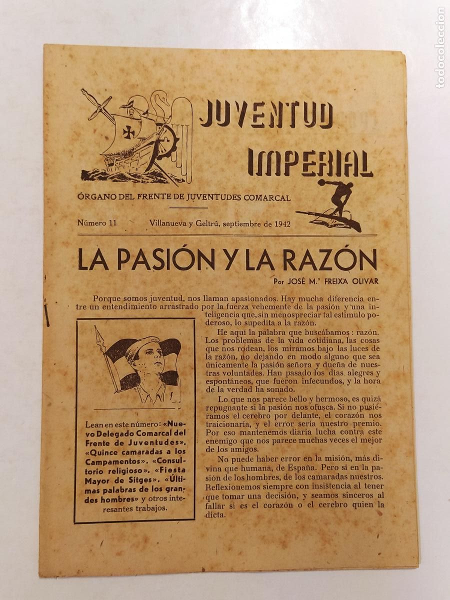 Colecionismo de Revistas e Jornais: JUVENTUD IMPERIAL-FRENTE DE JUVENTUDES COMARCAL-NUMERO 11 A&Ntilde;O 1942-VILANOVA I LA GELTRU-FALANGE