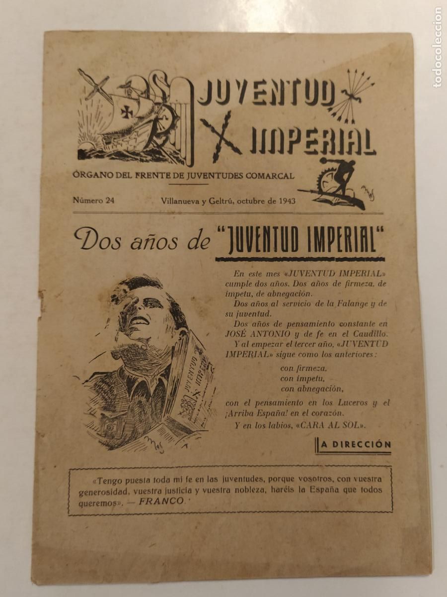 Colecionismo de Revistas e Jornais: JUVENTUD IMPERIAL-FRENTE DE JUVENTUDES COMARCAL-NUMERO 24 A&Ntilde;O 1943-VILANOVA I LA GELTRU-FALANGE