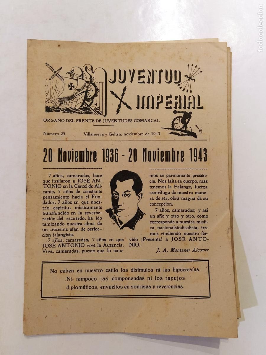 Colecionismo de Revistas e Jornais: JUVENTUD IMPERIAL-FRENTE DE JUVENTUDES COMARCAL-NUMERO 25 A&Ntilde;O 1943-VILANOVA I LA GELTRU-FALANGE