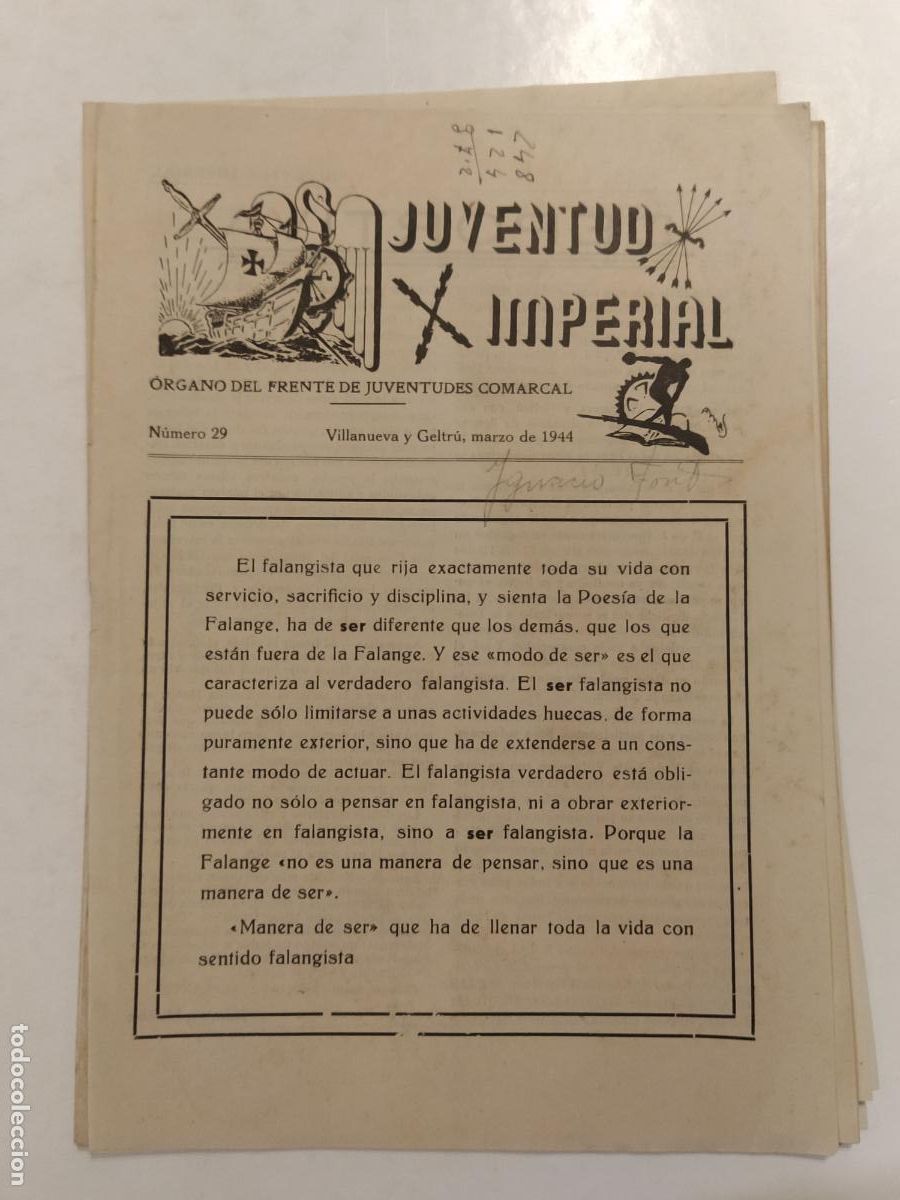 Collection Magazines and Newspapers: JUVENTUD IMPERIAL-FRENTE DE JUVENTUDES COMARCAL-NUMERO 29 A&Ntilde;O 1944-VILANOVA I LA GELTRU-FALANGE