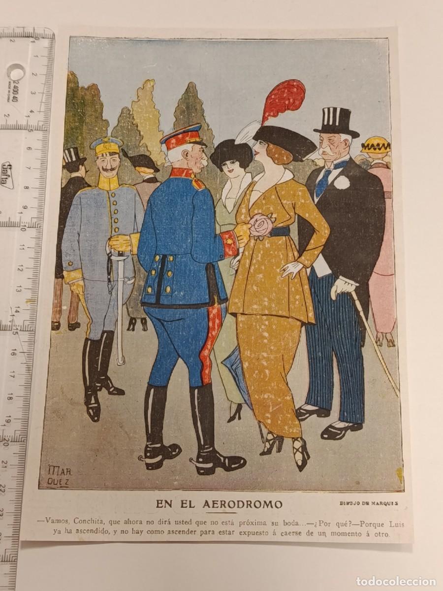 Coleccionismo de Revistas y Peri&oacute;dicos: L&aacute;mina Humor Gr&aacute;fico &rdquo;En el aer&oacute;dromo&rdquo; - M&aacute;rquez. Revista Blanco y Negro c. 1915. Aviaci&oacute;n, S&aacute;tira m