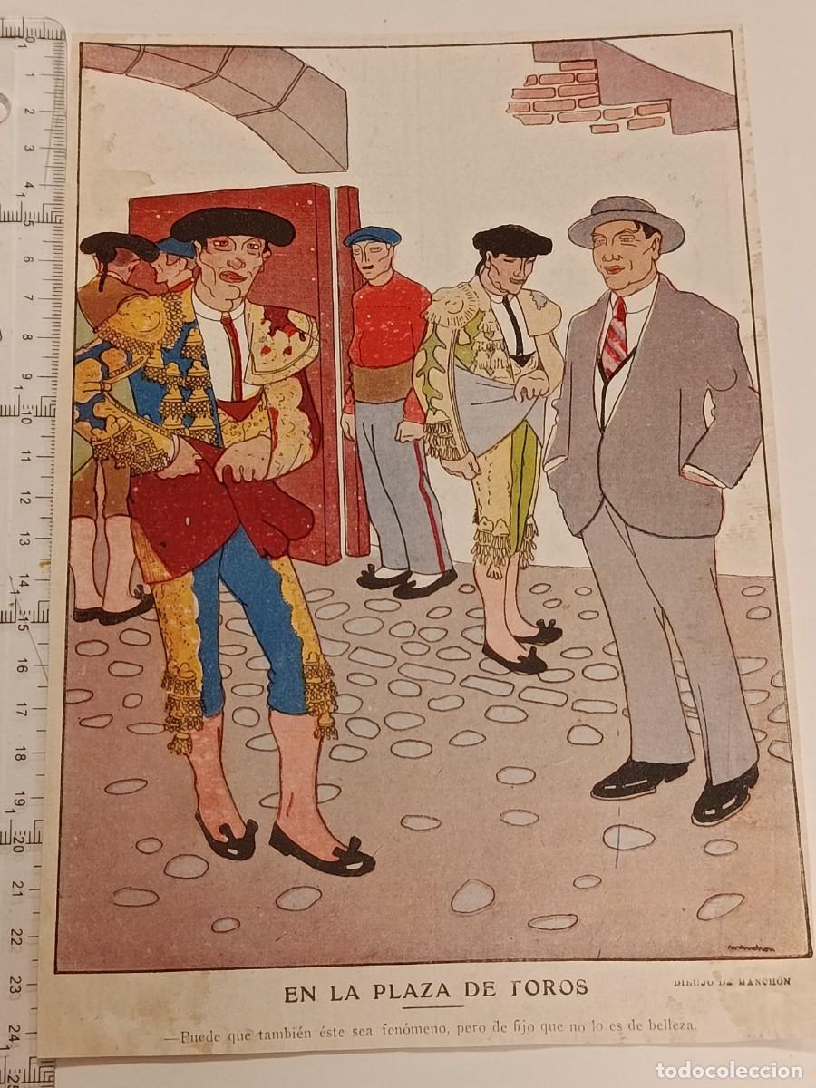 Coleccionismo de Revistas y Peri&oacute;dicos: L&aacute;mina Humor Taurino &rdquo;En la plaza de toros&rdquo; - Manch&oacute;n. Revista Blanco y Negro c. 1925. Toreros.