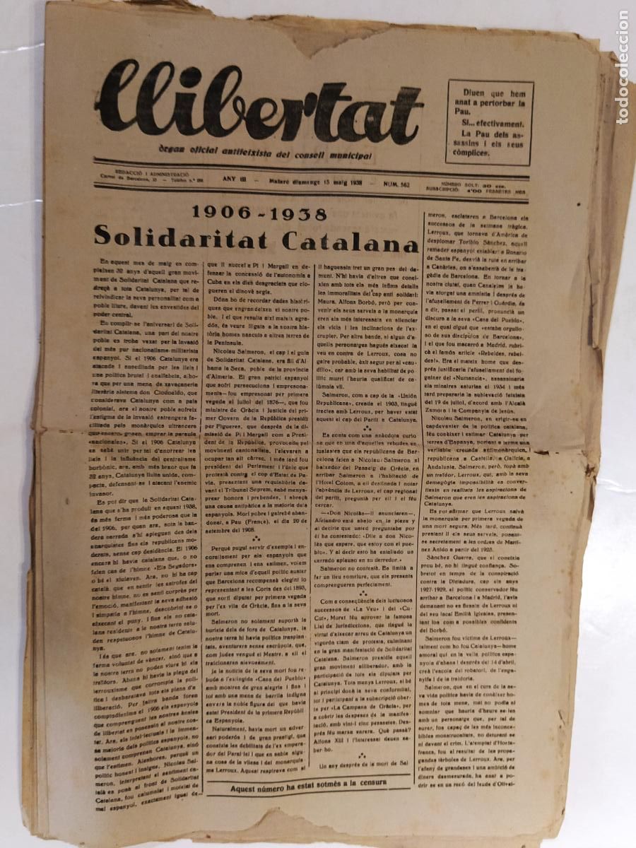 Coleccionismo de Revistas y Peri&oacute;dicos: GUERRA CIVIL - LLIBERTAT - ANY 1938 - ORGAN OFICIAL ANTIFEIXISTA DEL CONSELL MUNICIPAL - ORIGINAL