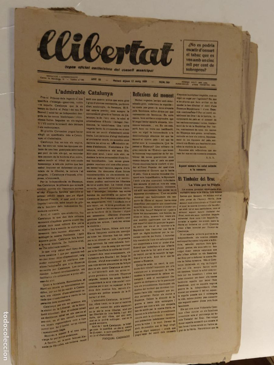 Coleccionismo de Revistas y Peri&oacute;dicos: GUERRA CIVIL - LLIBERTAT - ANY 1938 - ORGAN OFICIAL ANTIFEIXISTA DEL CONSELL MUNICIPAL - ORIGINAL