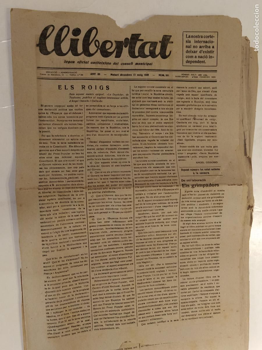 Coleccionismo de Revistas y Peri&oacute;dicos: GUERRA CIVIL - LLIBERTAT - ANY 1938 - ORGAN OFICIAL ANTIFEIXISTA DEL CONSELL MUNICIPAL - ORIGINAL