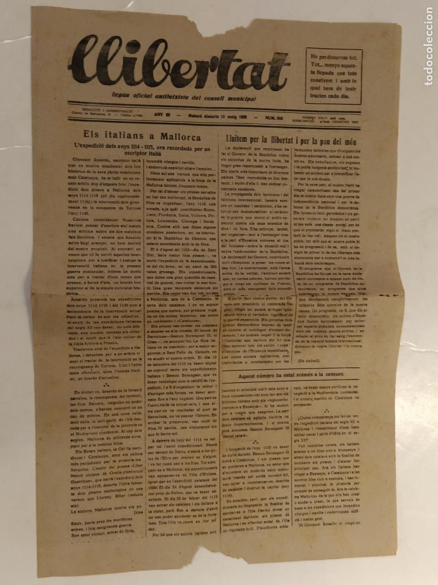 Coleccionismo de Revistas y Peri&oacute;dicos: GUERRA CIVIL - LLIBERTAT - ANY 1938 - ORGAN OFICIAL ANTIFEIXISTA DEL CONSELL MUNICIPAL - ORIGINAL