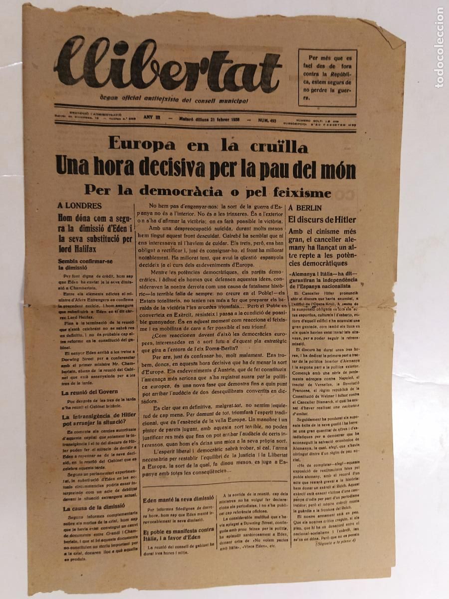 Coleccionismo de Revistas y Peri&oacute;dicos: GUERRA CIVIL - LLIBERTAT - ANY 1938 - ORGAN OFICIAL ANTIFEIXISTA DEL CONSELL MUNICIPAL - ORIGINAL
