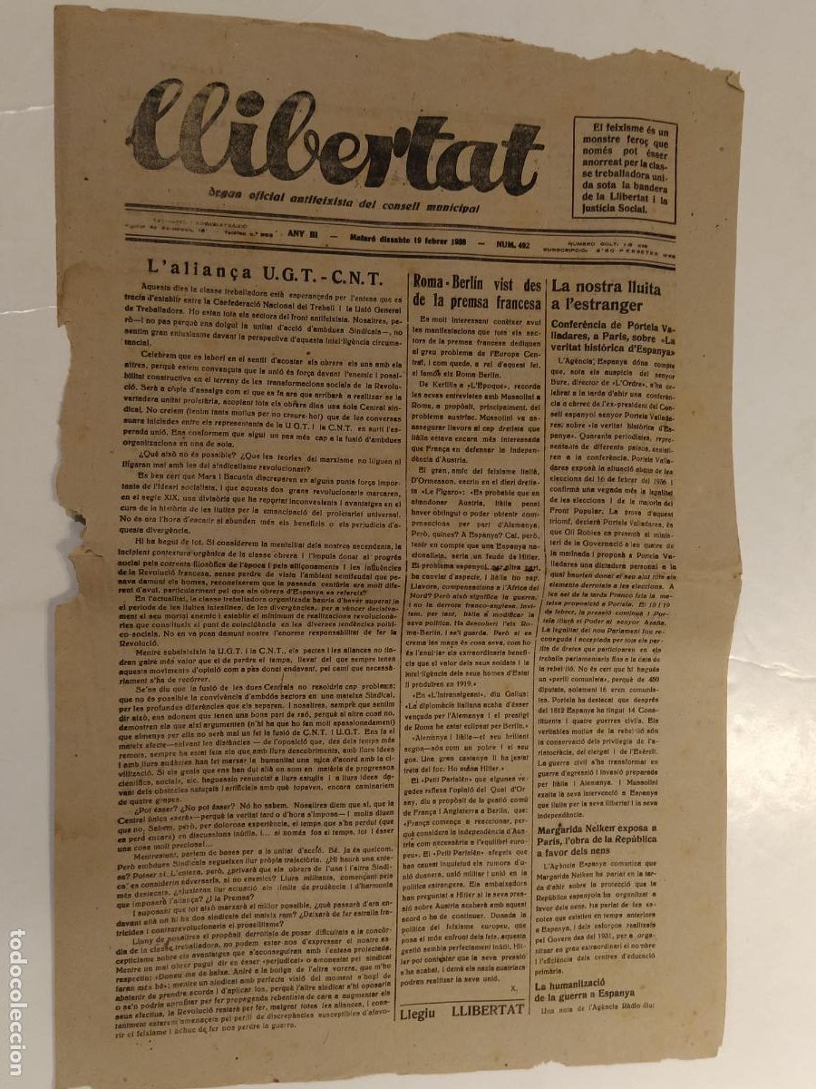 Coleccionismo de Revistas y Peri&oacute;dicos: GUERRA CIVIL - LLIBERTAT - ANY 1938 - ORGAN OFICIAL ANTIFEIXISTA DEL CONSELL MUNICIPAL - ORIGINAL