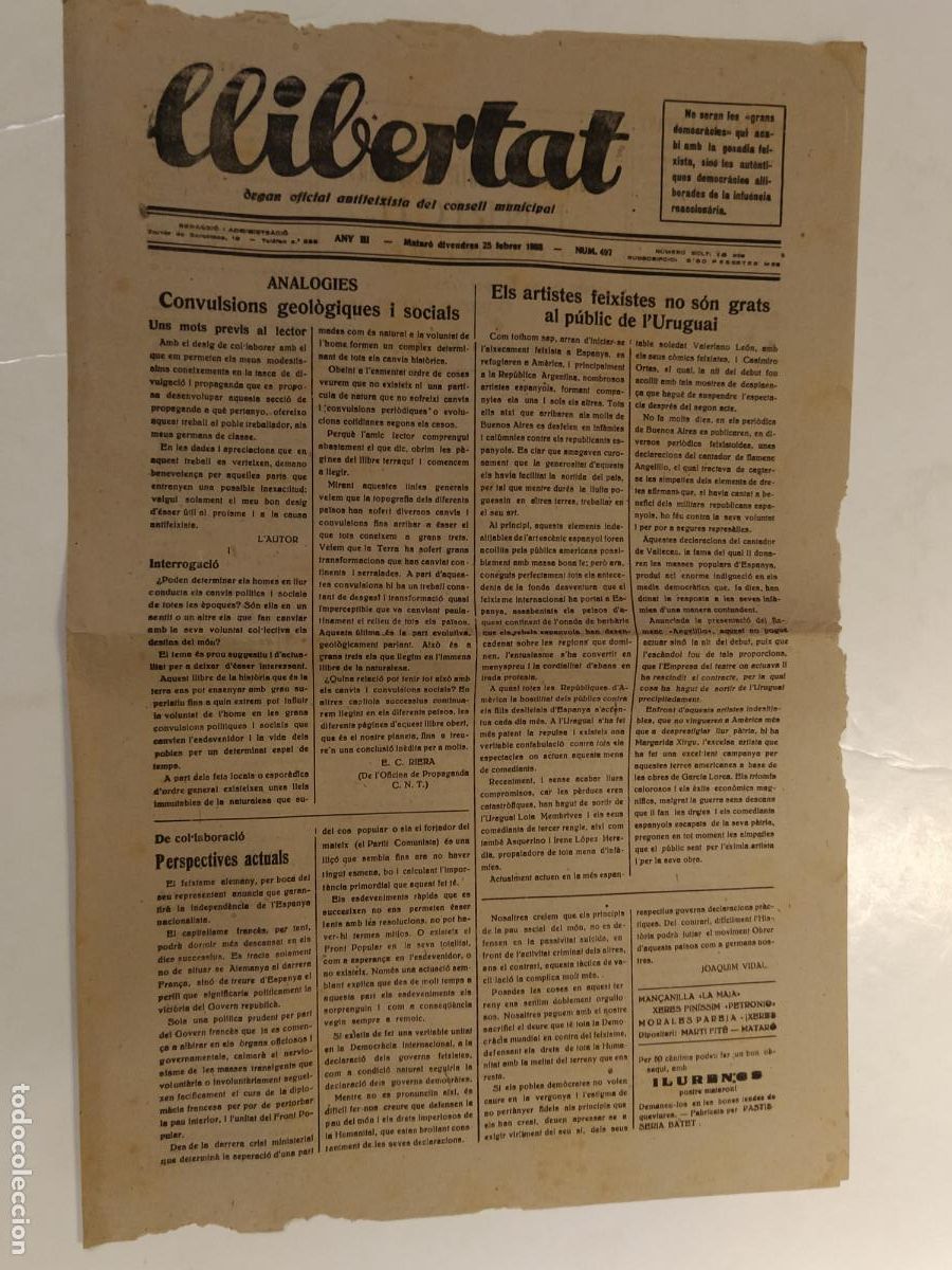 Coleccionismo de Revistas y Peri&oacute;dicos: GUERRA CIVIL - LLIBERTAT - ANY 1938 - ORGAN OFICIAL ANTIFEIXISTA DEL CONSELL MUNICIPAL - ORIGINAL