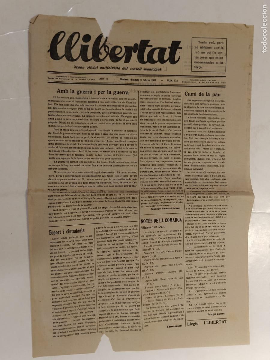 Coleccionismo de Revistas y Peri&oacute;dicos: GUERRA CIVIL - LLIBERTAT - ANY 1937 - ORGAN OFICIAL ANTIFEIXISTA DEL CONSELL MUNICIPAL - ORIGINAL
