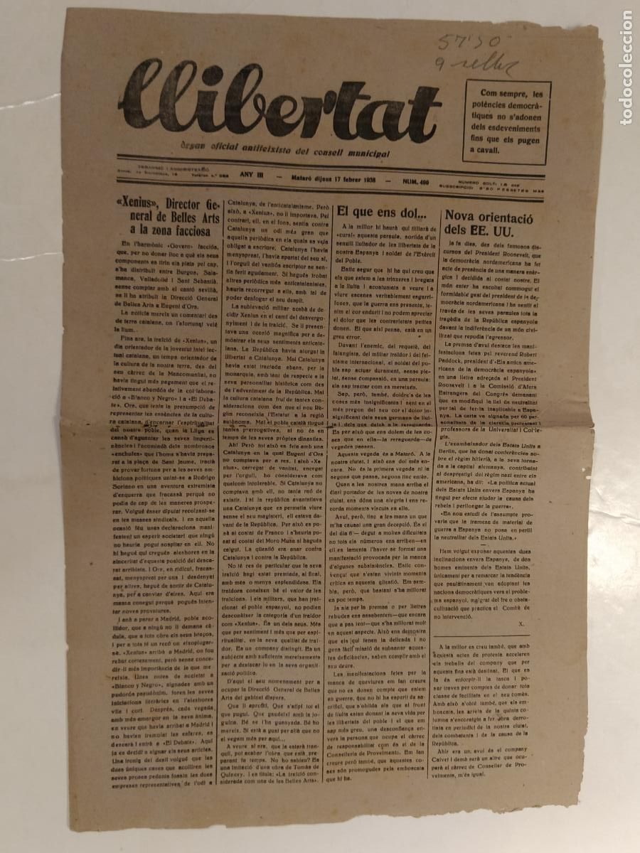 Coleccionismo de Revistas y Peri&oacute;dicos: GUERRA CIVIL - LLIBERTAT - ANY 1938 - ORGAN OFICIAL ANTIFEIXISTA DEL CONSELL MUNICIPAL - ORIGINAL