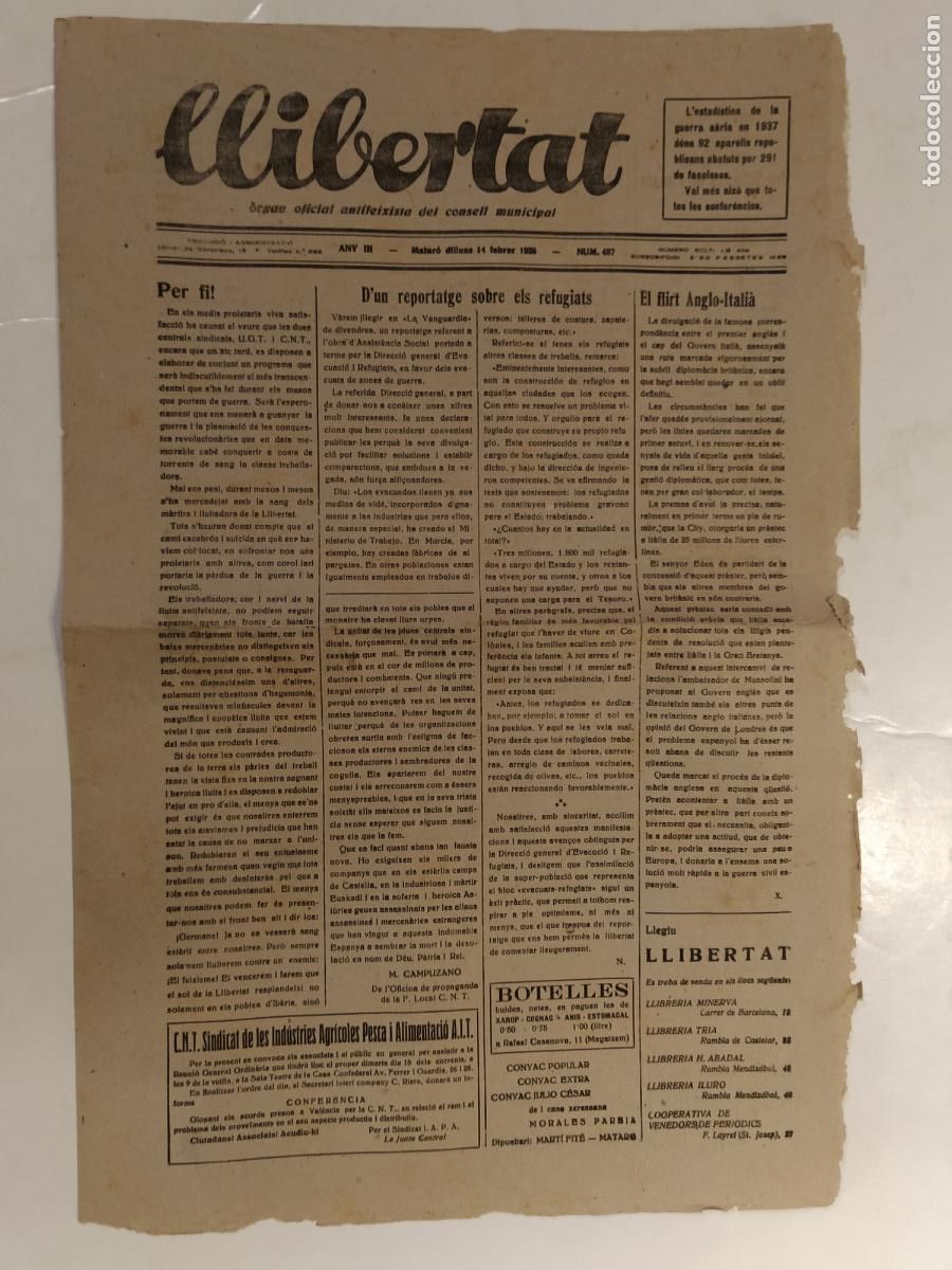 Coleccionismo de Revistas y Peri&oacute;dicos: GUERRA CIVIL - LLIBERTAT - ANY 1938 - ORGAN OFICIAL ANTIFEIXISTA DEL CONSELL MUNICIPAL - ORIGINAL
