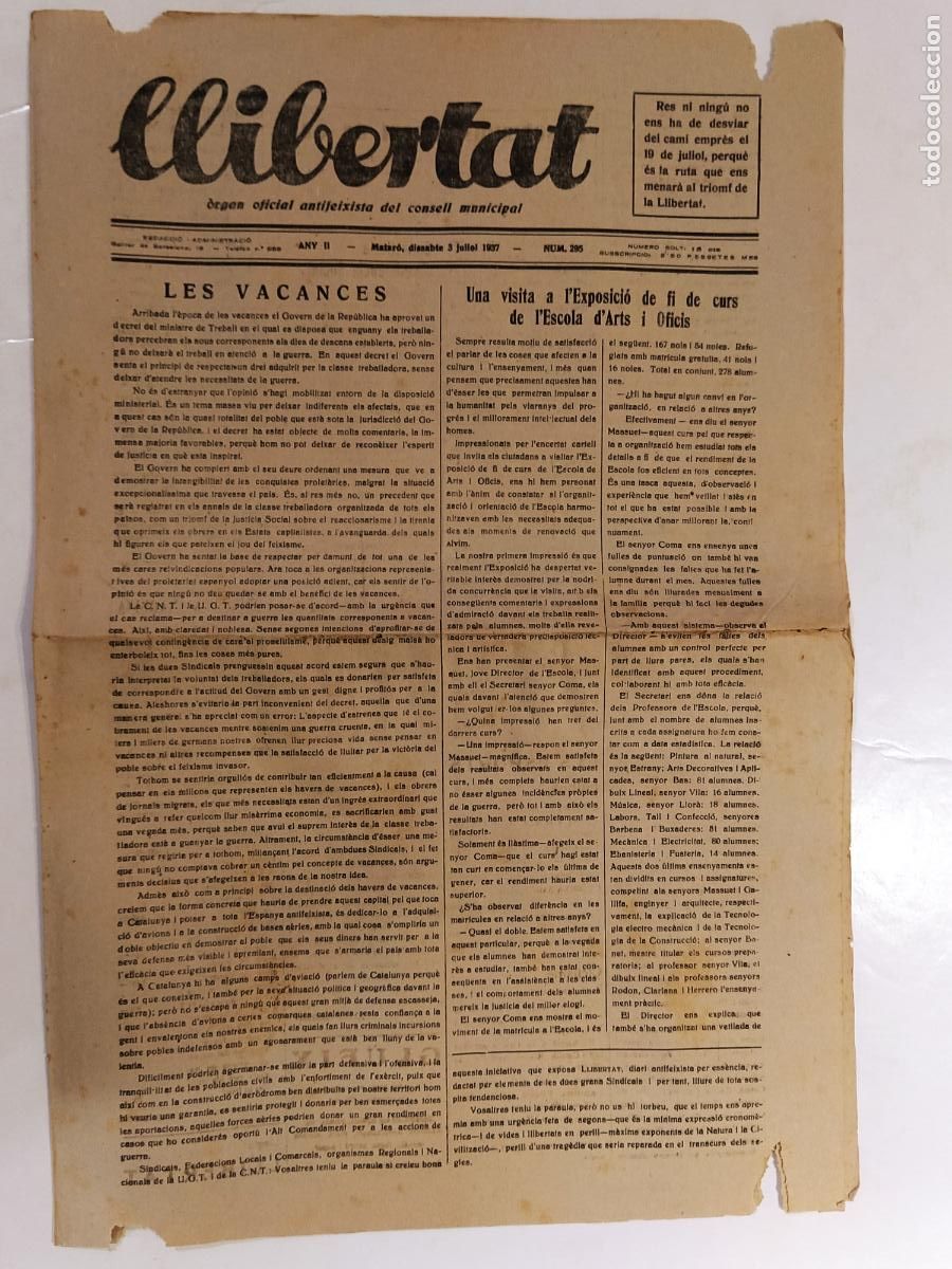 Coleccionismo de Revistas y Peri&oacute;dicos: GUERRA CIVIL - LLIBERTAT - ANY 1938 - ORGAN OFICIAL ANTIFEIXISTA DEL CONSELL MUNICIPAL - ORIGINAL