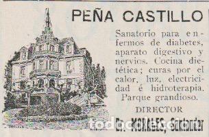 Coleccionismo de Revistas y Peri&oacute;dicos: Publicidad sanatorio para enfermos de diabetes PE&Ntilde;A CASTILLO - 1915