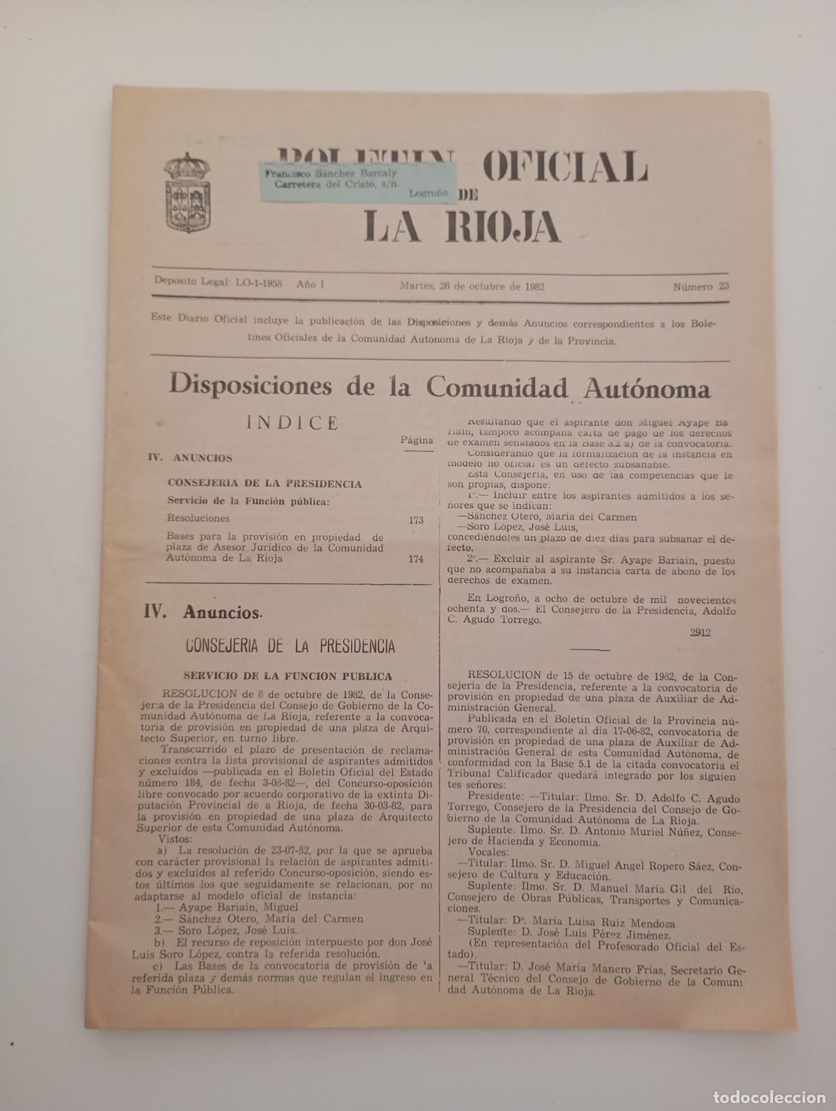 Coleccionismo de Revistas y Peri&oacute;dicos: BOLET&Iacute;N OFICIAL DE LA RIOJA. N&ordm; 23. 26 OCTUBRE 1982. TDKR90