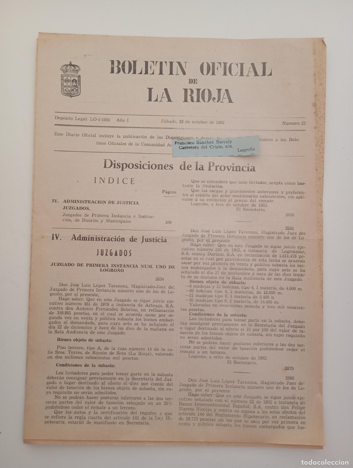 Coleccionismo de Revistas y Peri&oacute;dicos: BOLET&Iacute;N OFICIAL DE LA RIOJA. N&ordm; 22. 23 OCTUBRE 1982. TDKR90
