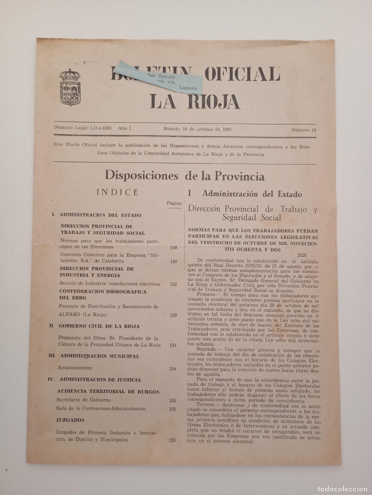 Coleccionismo de Revistas y Peri&oacute;dicos: BOLET&Iacute;N OFICIAL DE LA RIOJA. N&ordm; 19. 16 OCTUBRE 1982. TDKR90