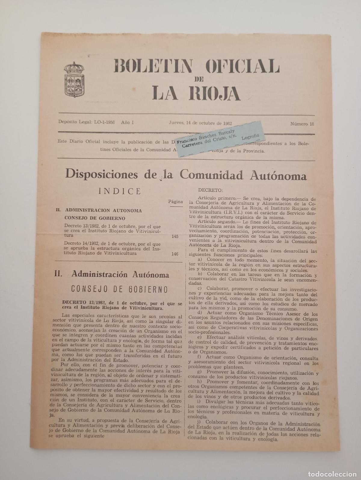Coleccionismo de Revistas y Peri&oacute;dicos: BOLET&Iacute;N OFICIAL DE LA RIOJA. N&ordm; 18. 14 OCTUBRE 1982. TDKR90