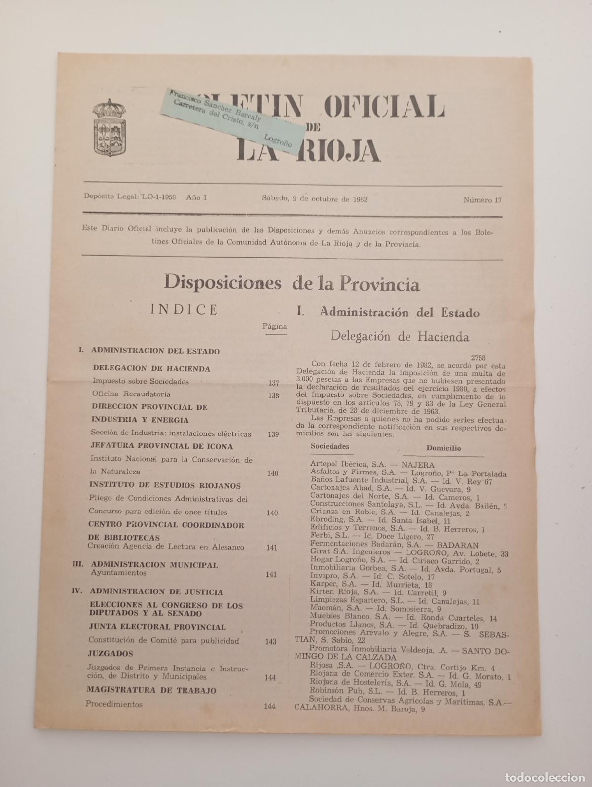 Coleccionismo de Revistas y Peri&oacute;dicos: BOLET&Iacute;N OFICIAL DE LA RIOJA. N&ordm; 17. 9 OCTUBRE 1982. TDKR90