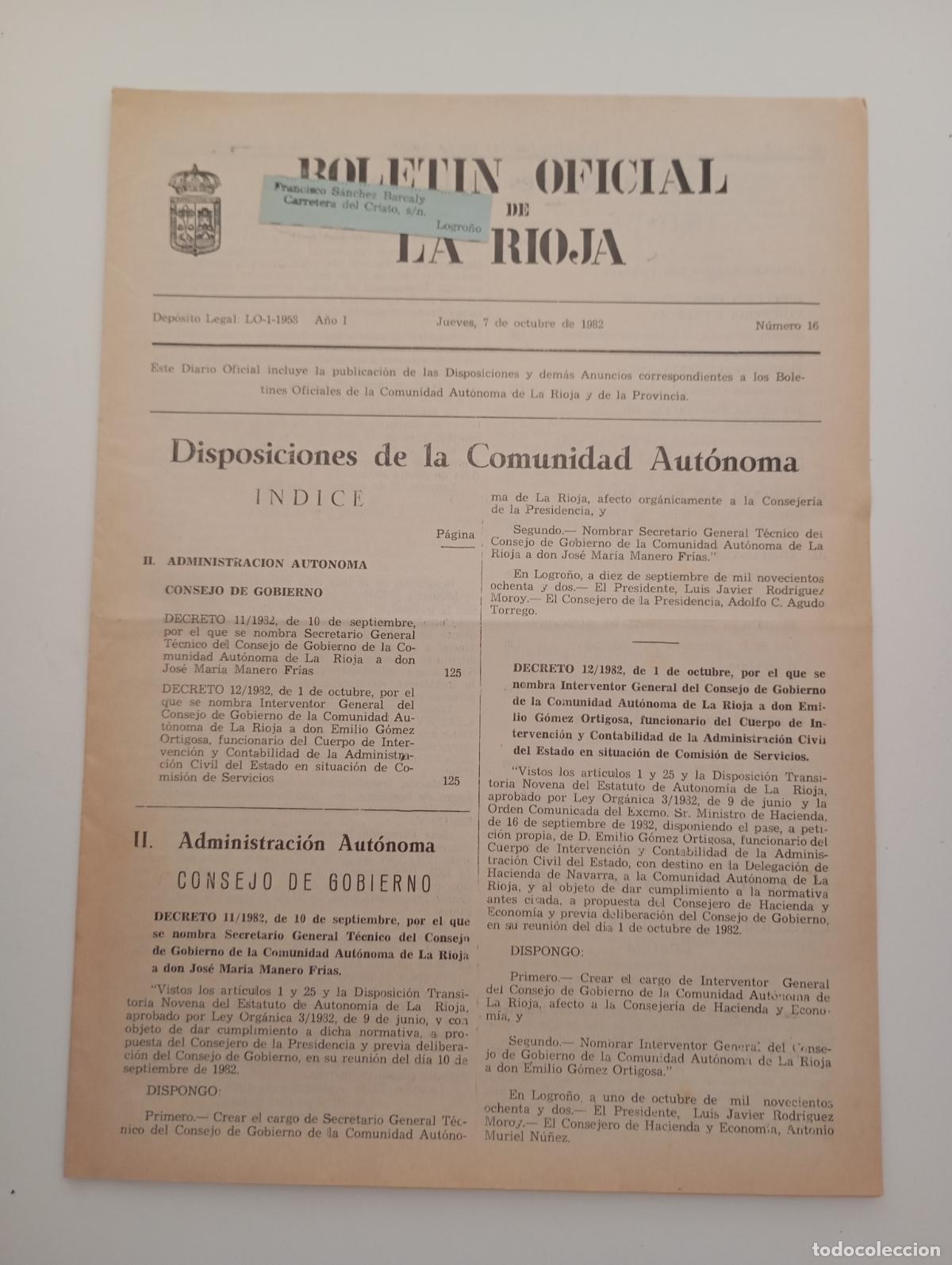 Coleccionismo de Revistas y Peri&oacute;dicos: BOLET&Iacute;N OFICIAL DE LA RIOJA. N&ordm; 16. 7 OCTUBRE 1982. TDKR90