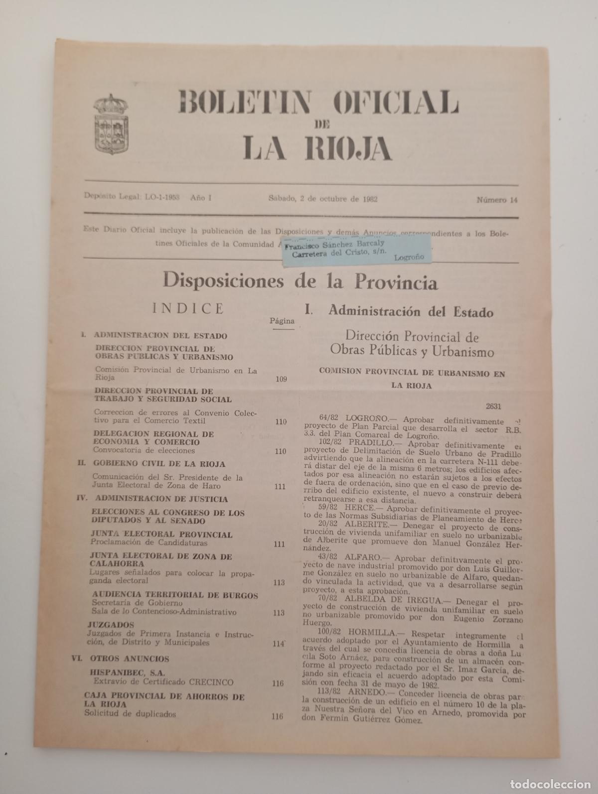 Coleccionismo de Revistas y Peri&oacute;dicos: BOLET&Iacute;N OFICIAL DE LA RIOJA. N&ordm; 14. 2 OCTUBRE 1982. TDKR90