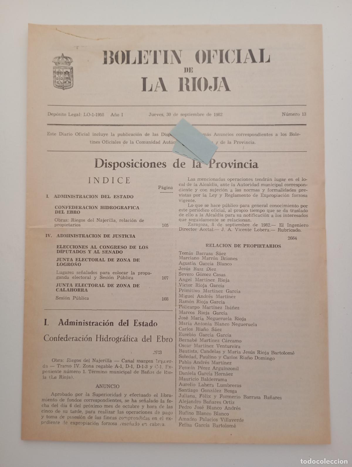 Coleccionismo de Revistas y Peri&oacute;dicos: BOLET&Iacute;N OFICIAL DE LA RIOJA. N&ordm; 13. 30 SEPTIEMBRE 1982. TDKR90