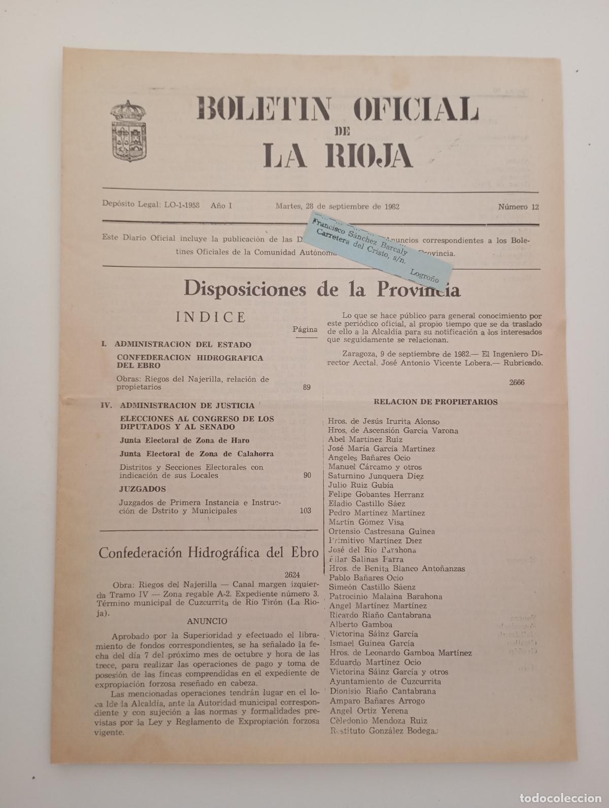 Coleccionismo de Revistas y Peri&oacute;dicos: BOLET&Iacute;N OFICIAL DE LA RIOJA. N&ordm; 12. 28 SEPTIEMBRE 1982. TDKR90