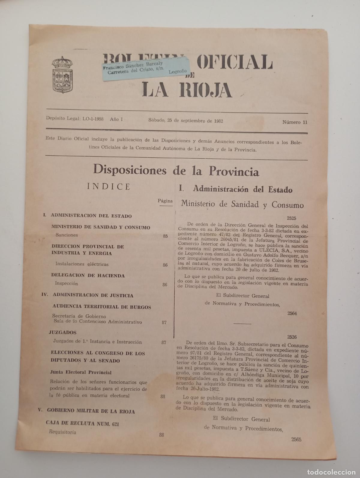 Coleccionismo de Revistas y Peri&oacute;dicos: BOLET&Iacute;N OFICIAL DE LA RIOJA. N&ordm; 11. 25 SEPTIEMBRE 1982. TDKR90