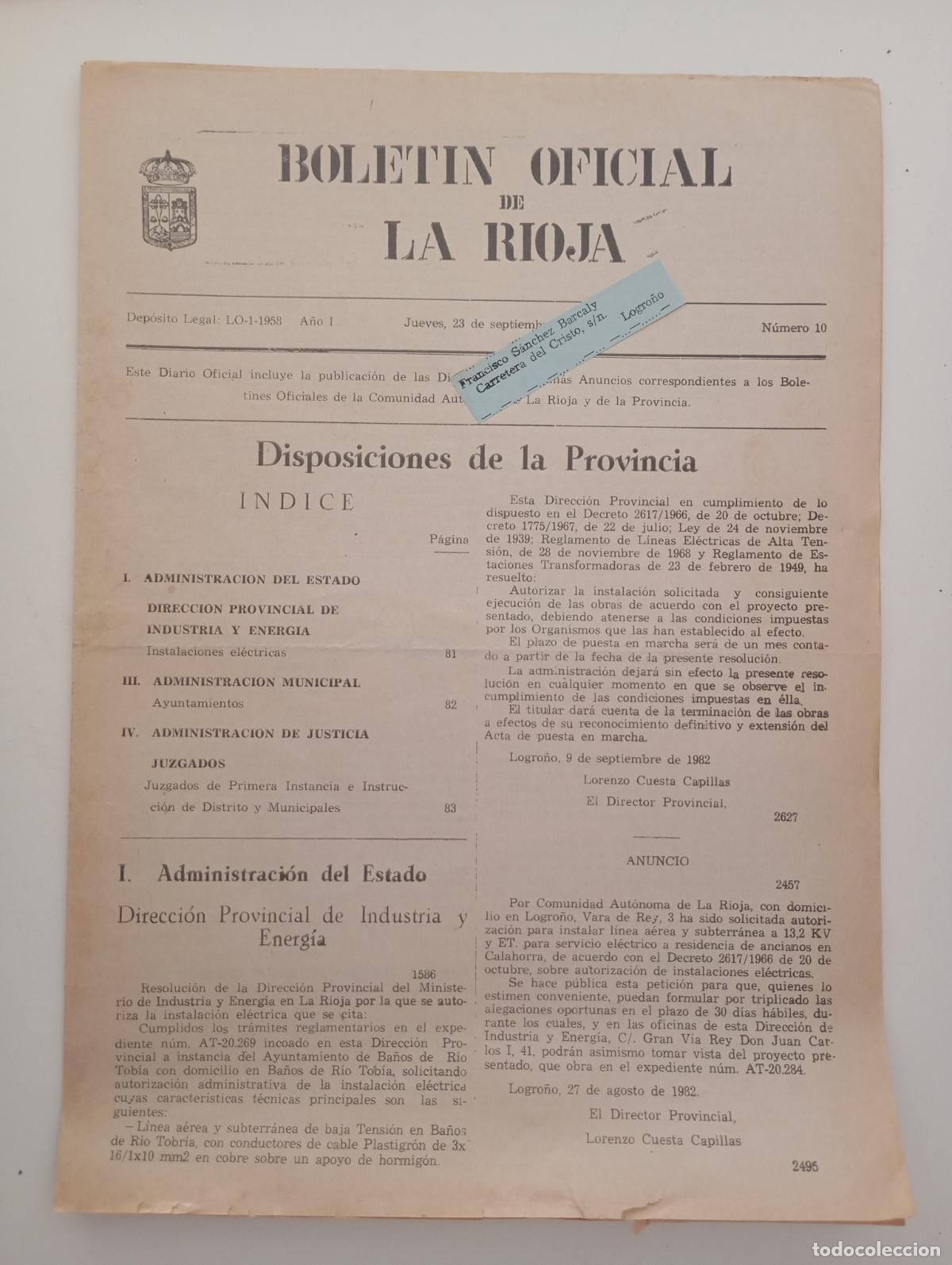 Coleccionismo de Revistas y Peri&oacute;dicos: BOLET&Iacute;N OFICIAL DE LA RIOJA. N&ordm; 10. 23 SEPTIEMBRE 1982. TDKR90