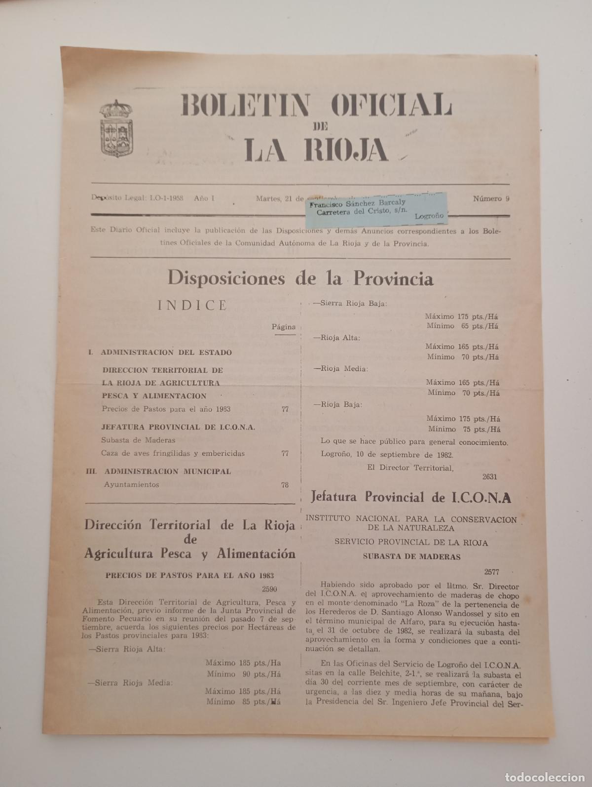 Coleccionismo de Revistas y Peri&oacute;dicos: BOLET&Iacute;N OFICIAL DE LA RIOJA. N&ordm; 9. 21 SEPTIEMBRE 1982. TDKR90