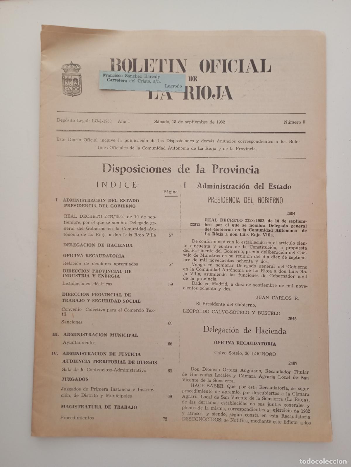 Coleccionismo de Revistas y Peri&oacute;dicos: BOLET&Iacute;N OFICIAL DE LA RIOJA. N&ordm; 8. 18 SEPTIEMBRE 1982. TDKR90
