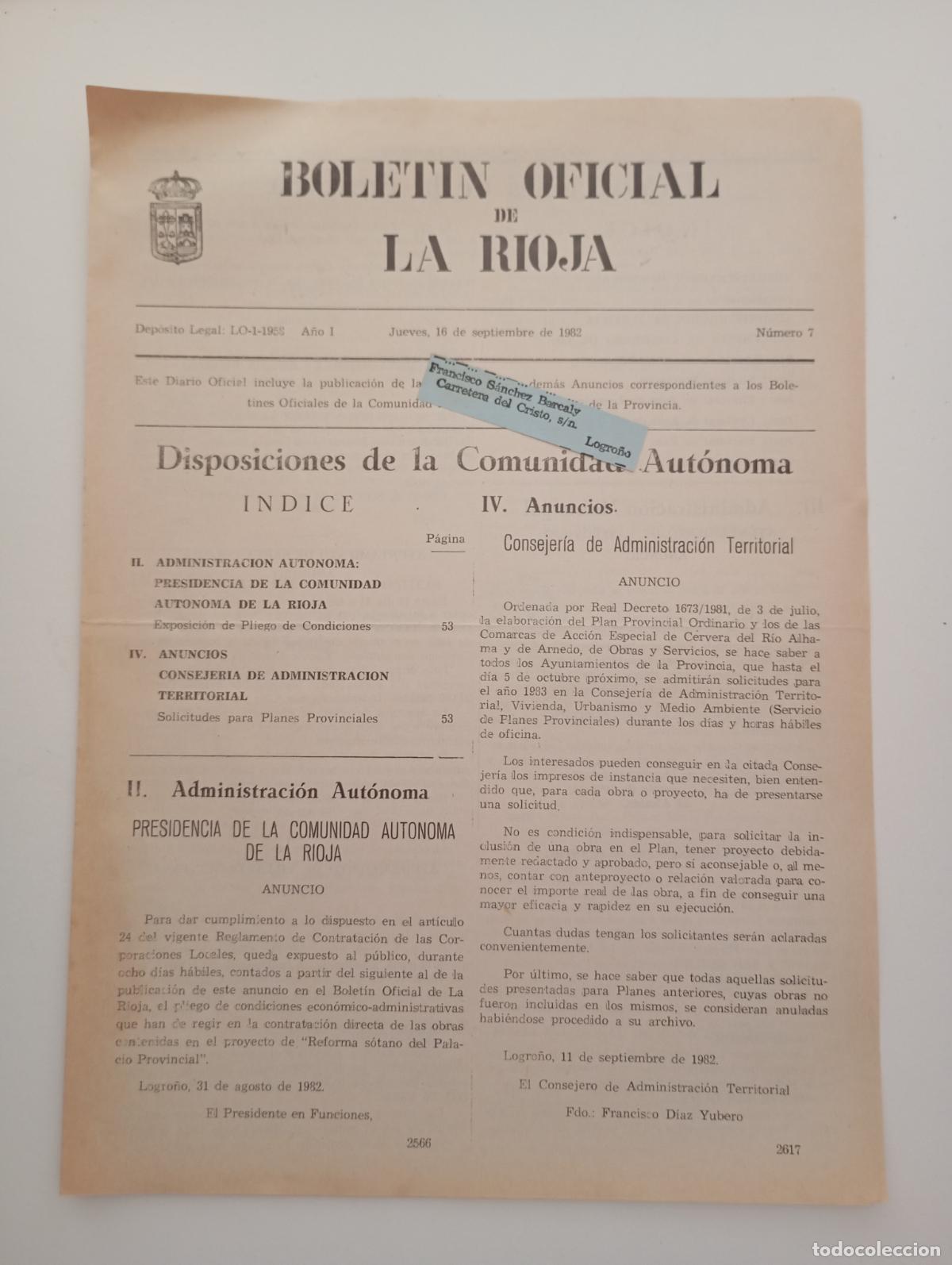 Coleccionismo de Revistas y Peri&oacute;dicos: BOLET&Iacute;N OFICIAL DE LA RIOJA. N&ordm; 7. 16 SEPTIEMBRE 1982. TDKR90