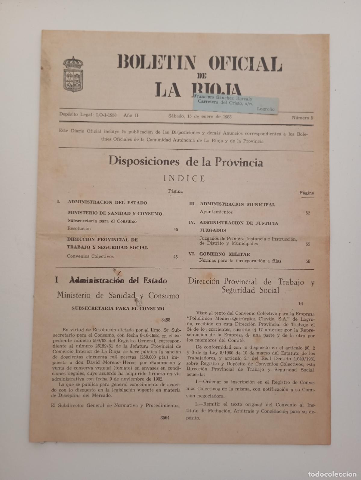 Coleccionismo de Revistas y Peri&oacute;dicos: BOLET&Iacute;N OFICIAL DE LA RIOJA. N&ordm; 5. 15 ENERO 1983. TDKR90