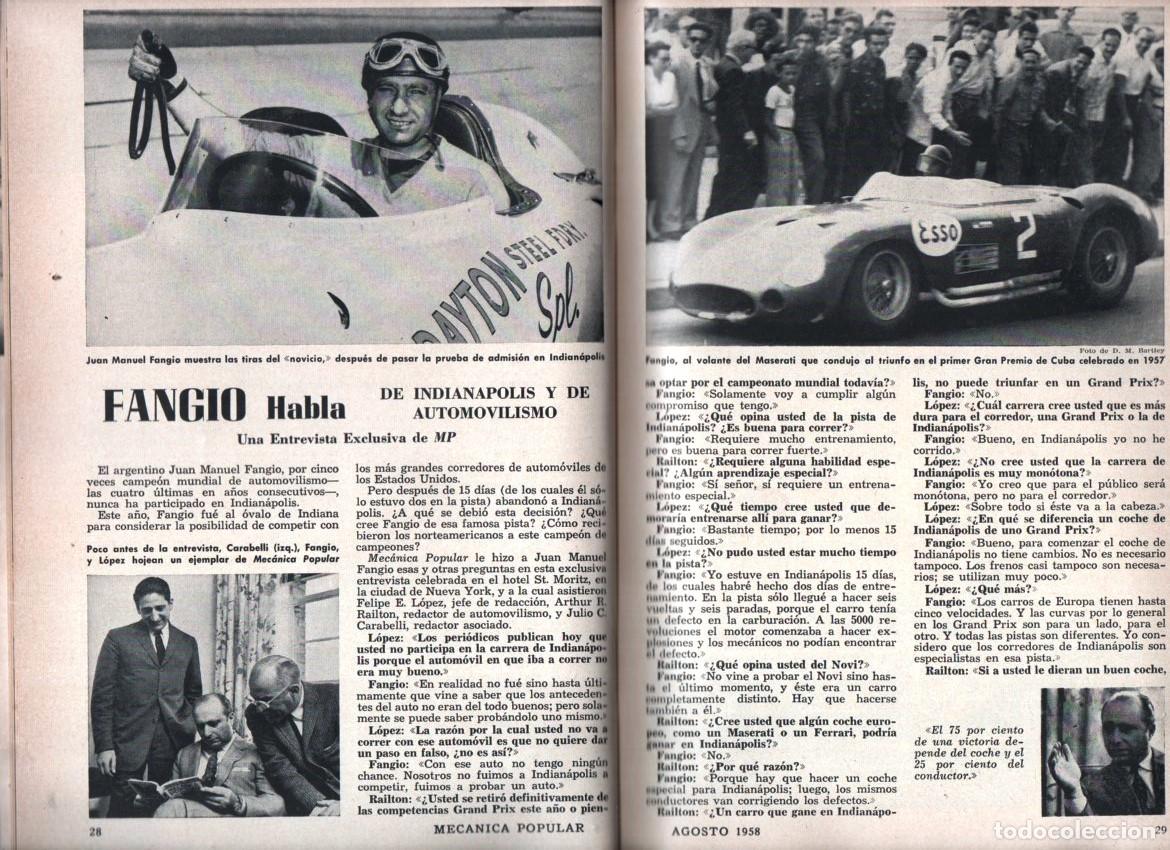 Coleccionismo de revistas y peri&oacute;dicos: 1958 AGOSTO MECANICA POPULAR ENTREVISTA A JUAN MANUEL FANGIO INDIANAPOLIS - EL OLDSMOBILE 164 P