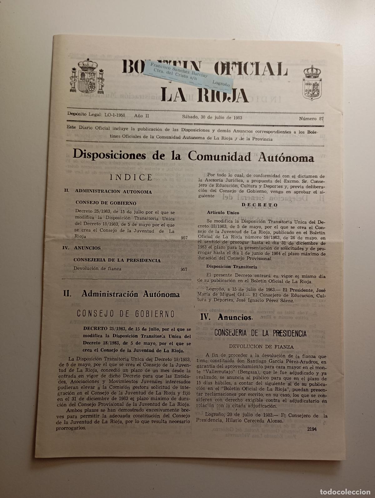 Coleccionismo de revistas y peri&oacute;dicos: BOLET&Iacute;N OFICIAL DE LA RIOJA. N&ordm; 87. 30 de julio de 1983. TDKR91