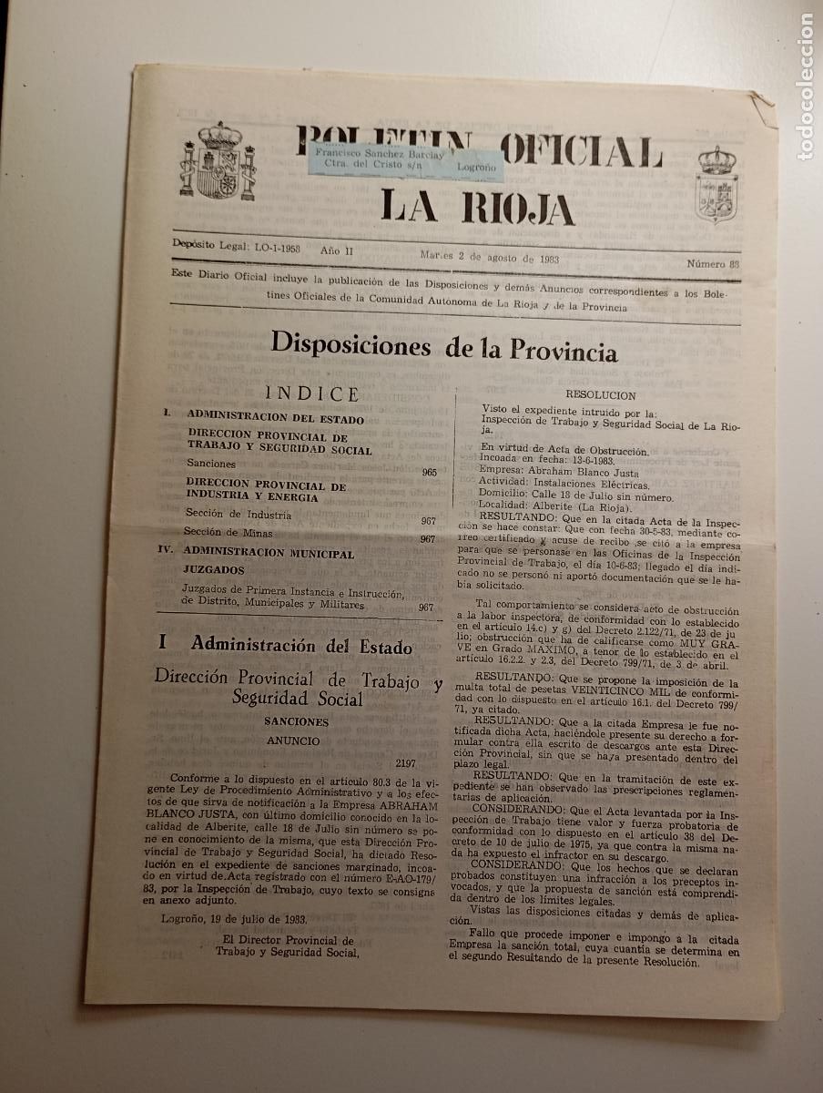 Coleccionismo de revistas y peri&oacute;dicos: BOLET&Iacute;N OFICIAL DE LA RIOJA. N&ordm; 88. 2 de agosto de 1983. TDKR91