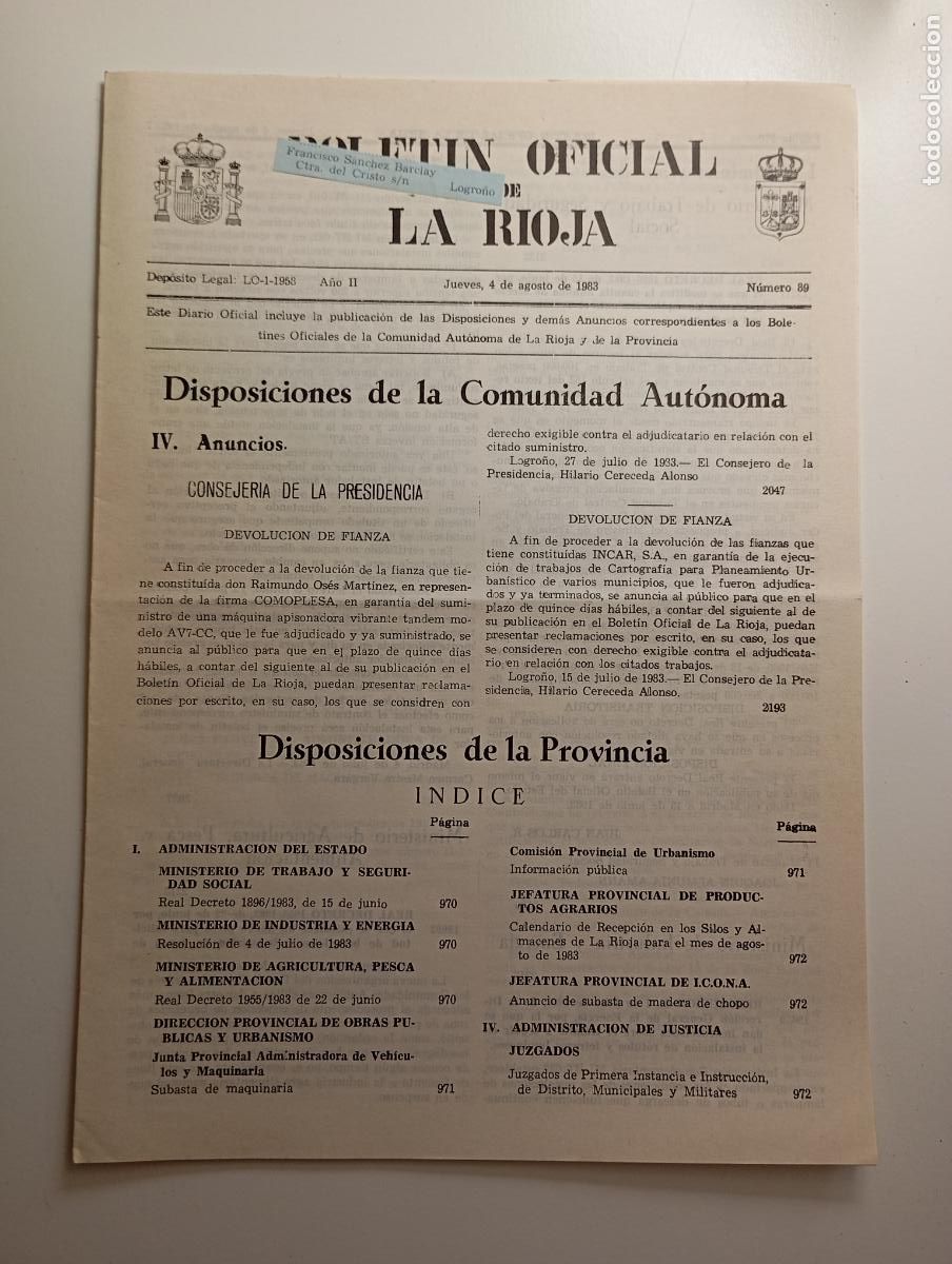 Coleccionismo de revistas y peri&oacute;dicos: BOLET&Iacute;N OFICIAL DE LA RIOJA. N&ordm; 89. 4 de agosto de 1983. A&ntilde;o II. TDKR91