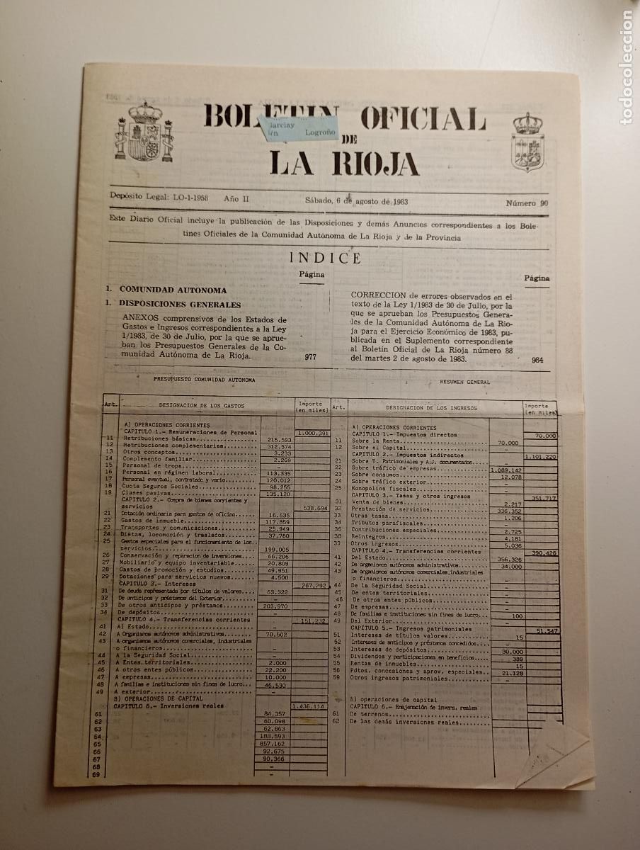 Coleccionismo de revistas y peri&oacute;dicos: BOLET&Iacute;N OFICIAL DE LA RIOJA. N&ordm; 90. 6 de agosto de 1983. A&ntilde;o II. TDKR91