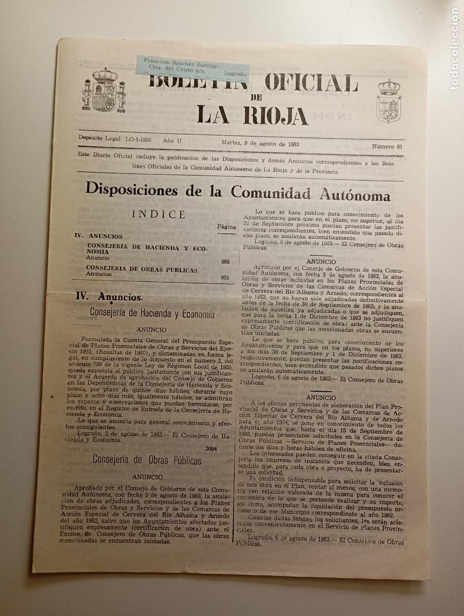 Coleccionismo de revistas y peri&oacute;dicos: BOLET&Iacute;N OFICIAL DE LA RIOJA. N&ordm; 91. 9 de agosto de 1983. A&ntilde;o II. TDKR91