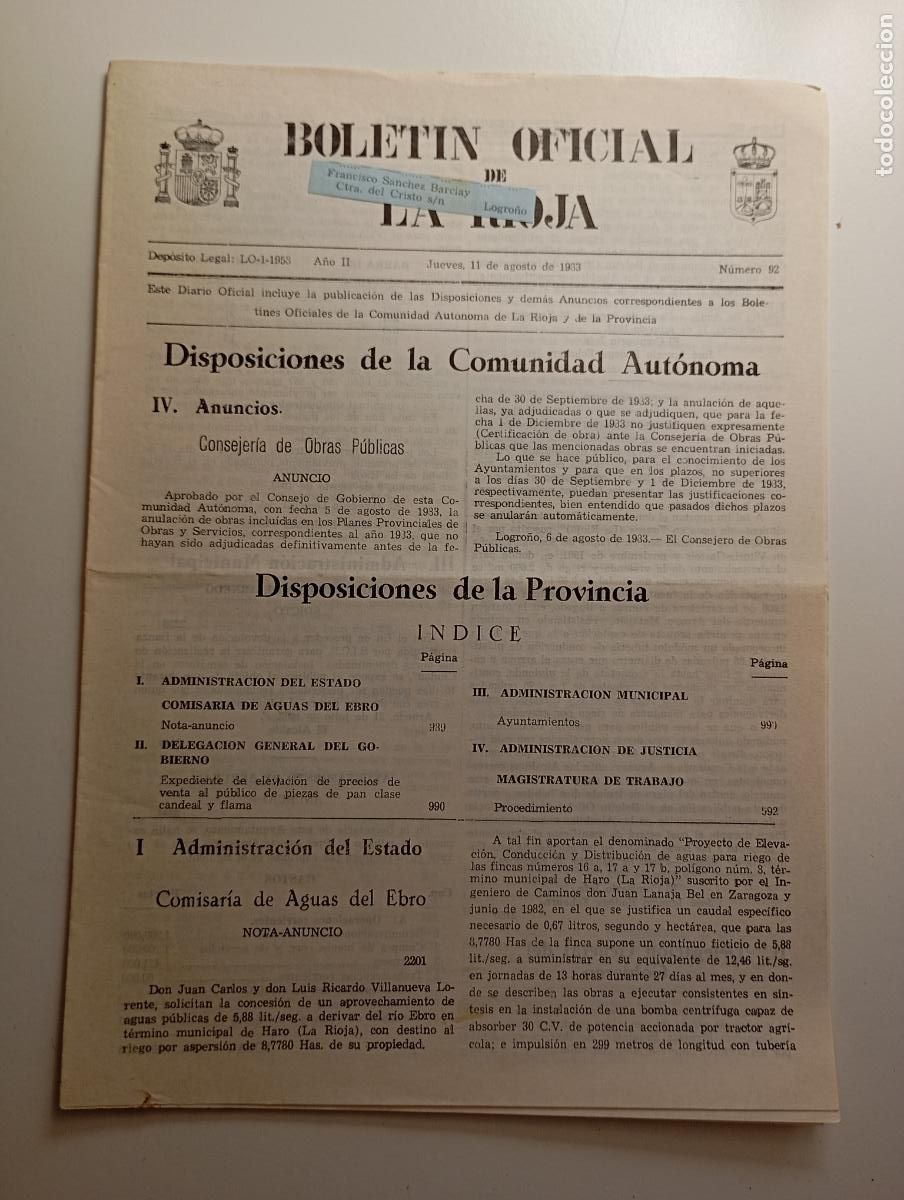 Coleccionismo de revistas y peri&oacute;dicos: BOLET&Iacute;N OFICIAL DE LA RIOJA. N&ordm; 92. 11 de agosto de 1983. A&ntilde;o II. TDKR91