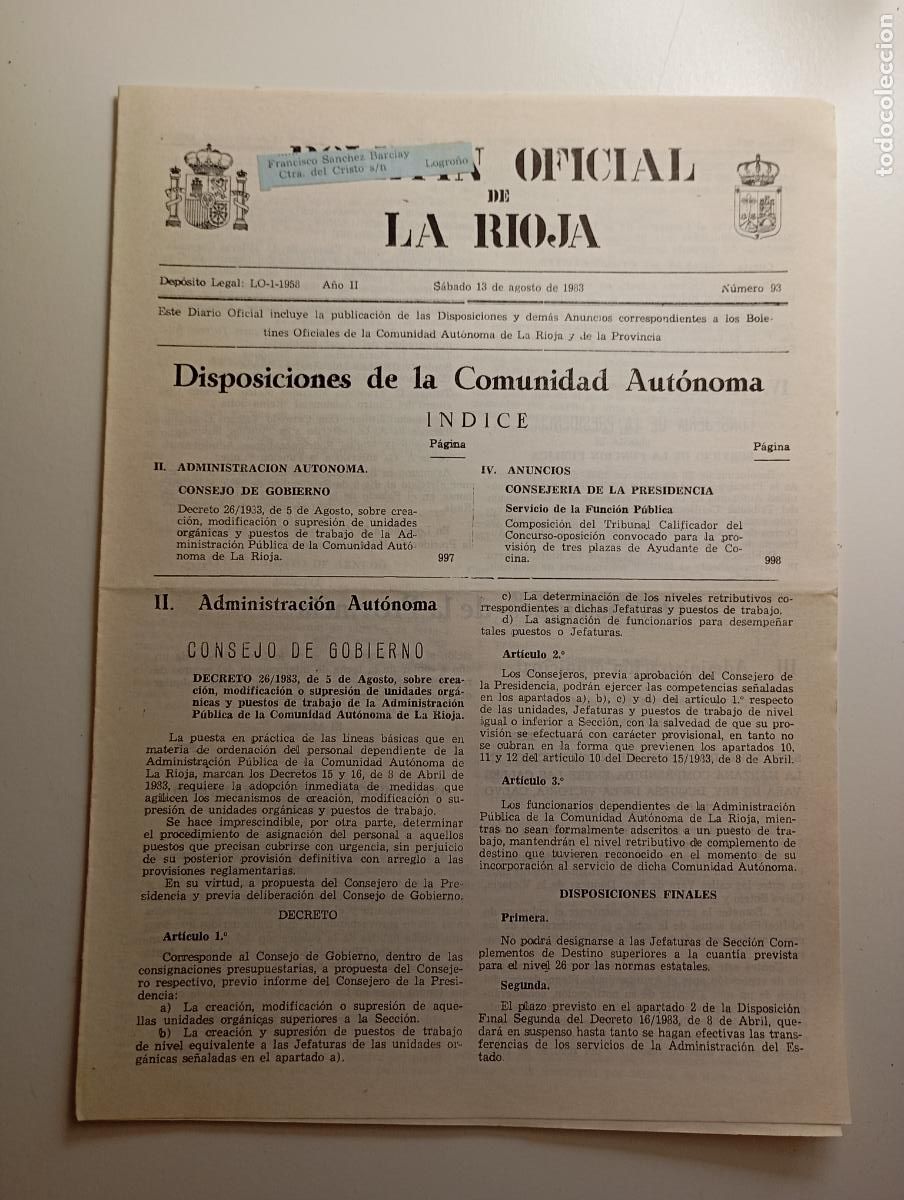 Coleccionismo de revistas y peri&oacute;dicos: BOLET&Iacute;N OFICIAL DE LA RIOJA. N&ordm; 93. 13 de agosto de 1983. A&ntilde;o II. TDKR91