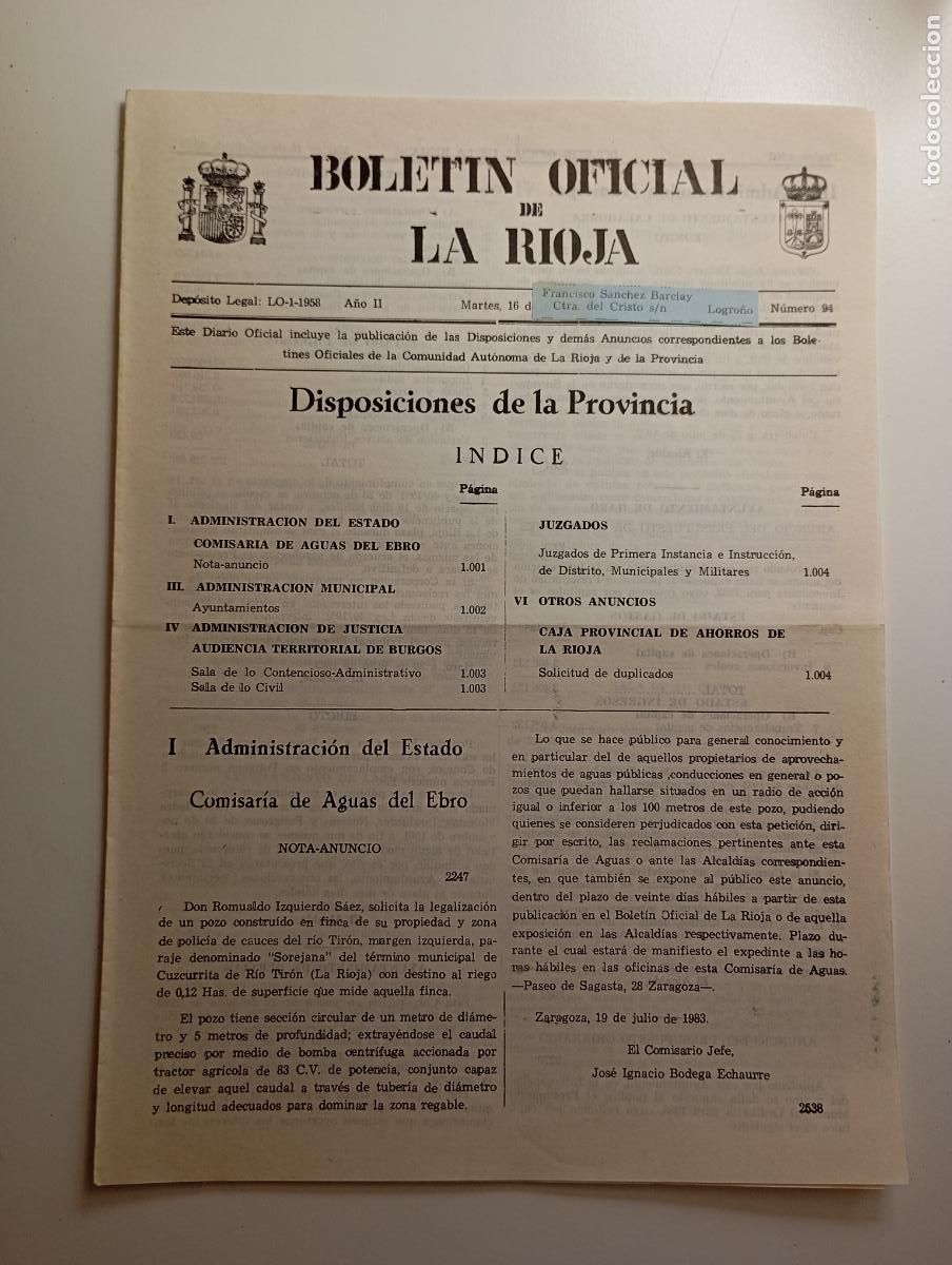 Coleccionismo de revistas y peri&oacute;dicos: BOLET&Iacute;N OFICIAL DE LA RIOJA. N&ordm; 94. 16 de agosto de 1983. A&ntilde;o II. TDKR91